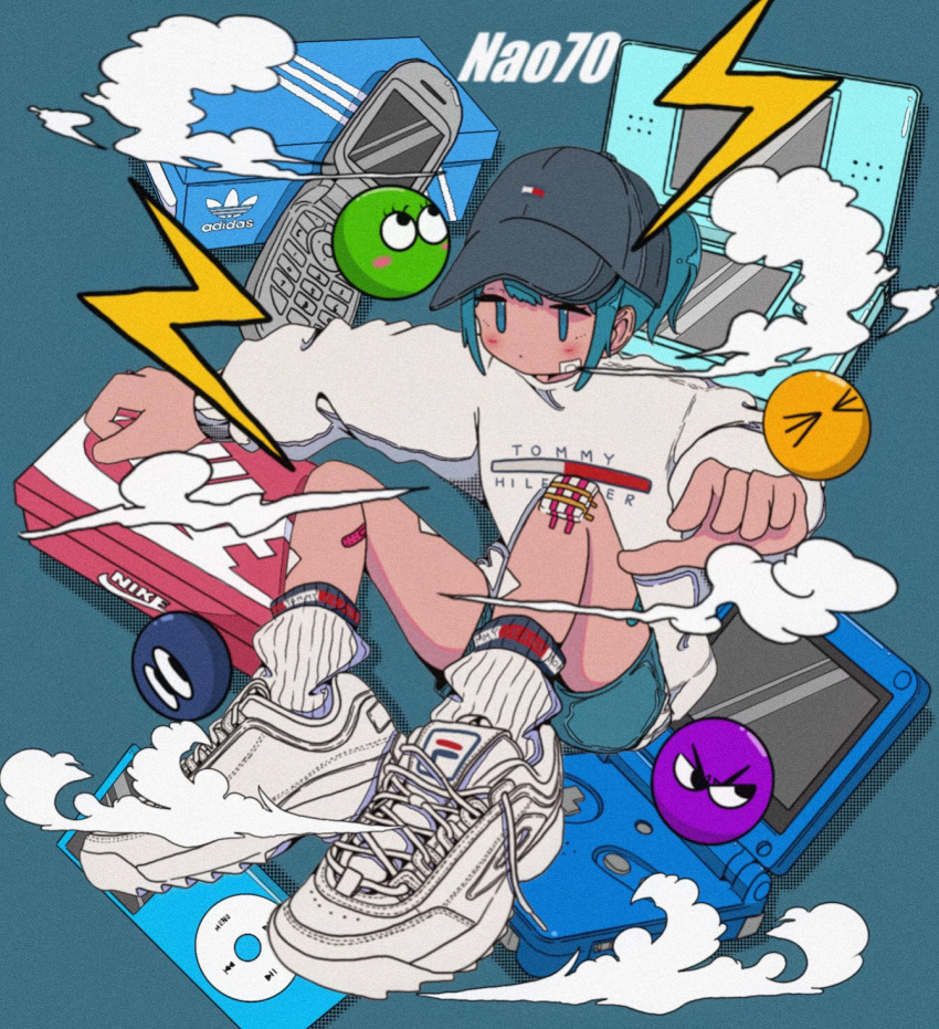 1girl adidas aqua_eyes aqua_hair aqua_shorts artist_name bandaid bandaid_on_cheek bandaid_on_face bandaid_on_knee bandaid_on_leg baseball_cap blush cellphone clothes_writing cloud digital_media_player fila flip_phone full_body game_boy_advance_sp grey_headwear handheld_game_console hat highres ipod ipod_nano knees_up long_sleeves looking_at_viewer nao97122 nike nintendo_ds original phone ribbed_socks shoe_box shoes short_hair short_ponytail shorts sidelocks sitting sneakers socks solo streetwear sweater tommy_hilfiger white_footwear white_socks white_sweater