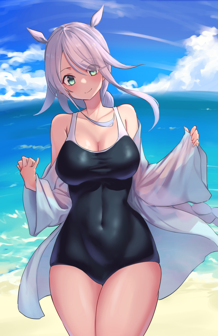 1girl bare_legs bare_shoulders beach black_one-piece_swimsuit blue_eyes blush braid breasts cleavage closed_mouth collarbone covered_navel cowboy_shot day grey_hair highres kantai_collection lanthan large_breasts long_hair long_sleeves looking_at_viewer ocean one-piece_swimsuit outdoors single_braid smile solo swimsuit umikaze_(kancolle) umikaze_kai_ni_(kancolle) very_long_hair wide_sleeves