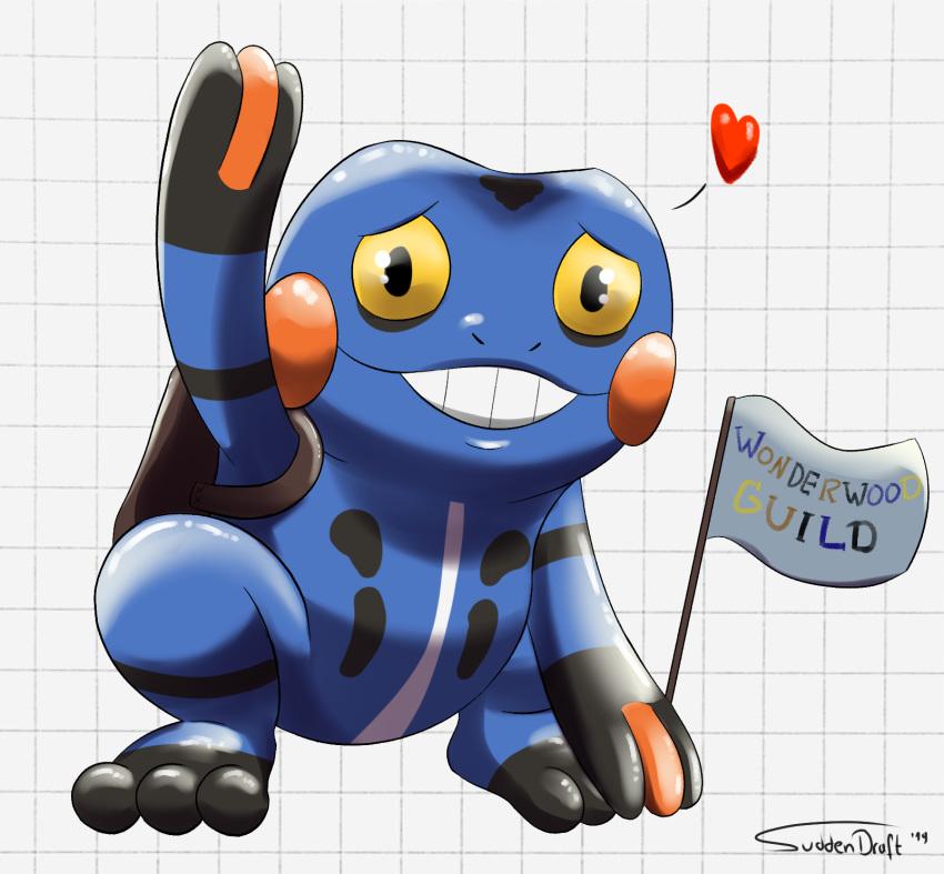 &lt;3 2019 3_fingers 3_toes ambiguous_gender blue_body croagunk english_text featureless_crotch feet fingers flag generation_4_pokemon geometric_background gesture grid_background hi_res holding_flag holding_object looking_at_viewer nintendo pattern_background pokemon pokemon_(species) simple_background suddendraft teeth text toes waving waving_at_viewer