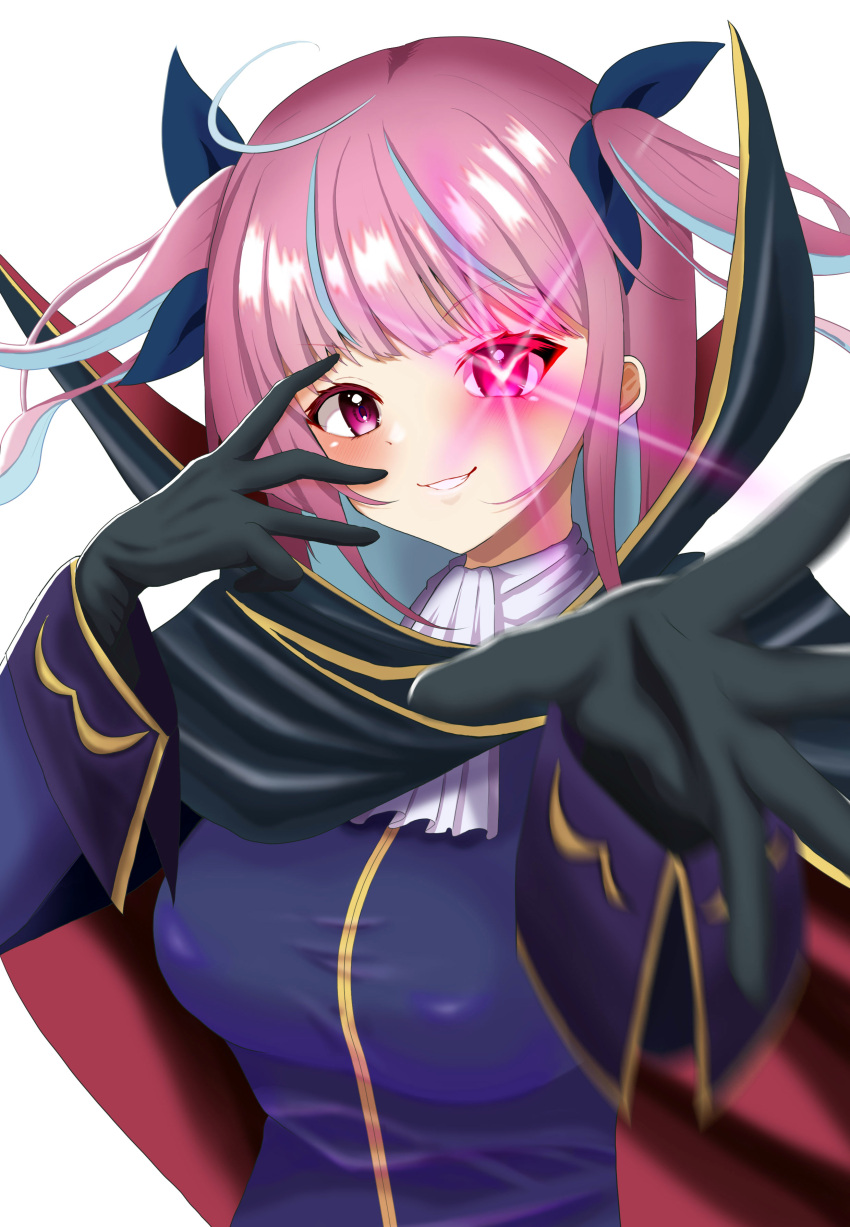 1girl 264_(user_ffyd3374) absurdres ahoge ascot black_cloak black_gloves blue_hair blue_jacket blue_ribbon blunt_bangs breasts cloak code_geass colored_inner_hair cosplay gloves glowing glowing_eye hair_ribbon highres hololive jacket large_breasts long_sleeves looking_at_viewer minato_aqua multicolored_hair purple_eyes purple_hair reaching reaching_towards_viewer ribbon simple_background smile solo streaked_hair symbol_in_eye two-tone_hair two_side_up upper_body v-shaped_eyebrows virtual_youtuber white_background zero_(code_geass) zero_(code_geass)_(cosplay)