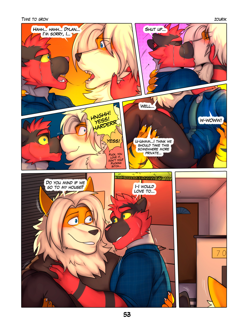 absurd_res address_number anthro arcanine blush bodily_fluids comic crying duo dylan_(zourik) embrace generation_1_pokemon generation_7_pokemon hi_res holding_body hug incineroar interrupted kissing leo_(zourik) male male/male nintendo nose_to_nose offscreen_sex pokemon pokemon_(species) saliva saliva_string studio tears zourik