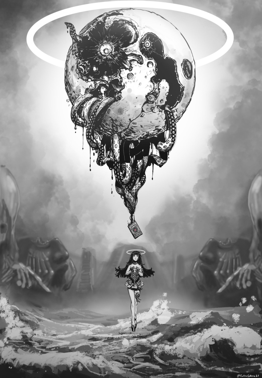 1girl artist_name black_gloves book cloud cloudy_sky commentary dress english_commentary fallenspherell floating floating_book floating_object gloves greyscale grimoire half_gloves halo hands_up highres hololive hololive_english horror_(theme) long_hair looking_up monochrome monster moon ninomae_ina'nis open_hands outdoors platform_footwear pointy_ears short_dress single_thighhigh sky solo_focus strapless strapless_dress tentacles thighhighs twitter_username virtual_youtuber water waves