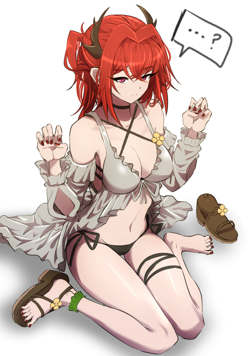 ... 1girl arknights barefoot bikini black_bikini black_choker blush breasts brown_footwear choker cleavage closed_mouth commentary criss-cross_halter demon_horns english_commentary frilled_sleeves frills full_body hair_between_eyes hair_intakes halterneck highres horns looking_at_viewer medium_breasts medium_hair nail_polish navel official_alternate_costume red_eyes red_hair red_nails samacho sandals sandals_removed side-tie_bikini_bottom simple_background single_sandal sitting solo spoken_ellipsis stomach string_bikini surtr_(arknights) surtr_(colorful_wonderland)_(arknights) swimsuit swimsuit_cover-up thigh_strap toenail_polish toenails wariza white_background