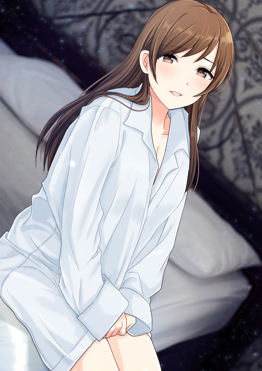 1girl alternate_costume blurry blush breasts brown_hair cleavage collarbone dutch_angle feet_out_of_frame highres idolmaster idolmaster_cinderella_girls indoors long_hair looking_at_viewer medium_breasts nitta_minami no_pants on_bed open_collar oversized_clothes oversized_shirt popon_ta shirt sitting sleeves_past_wrists smile solo straight_hair very_long_hair white_shirt