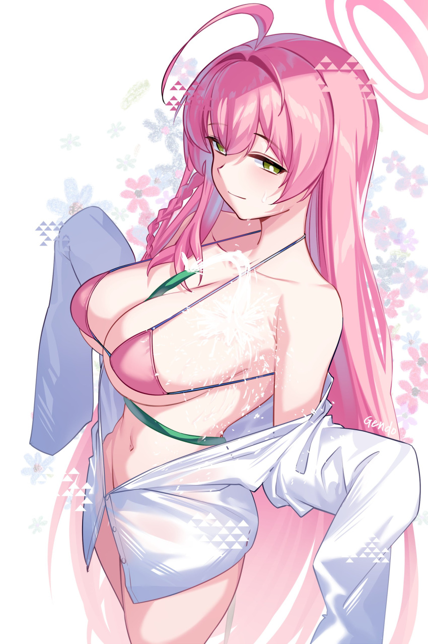 1girl absurdres ahoge bare_shoulders bikini blue_archive blush braid breasts cleavage collarbone gendo0032 green_eyes halo hanako_(blue_archive) hanako_(swimsuit)_(blue_archive) highres hose large_breasts long_hair long_sleeves looking_at_viewer off_shoulder pink_bikini pink_hair shirt side_braid smile solo swimsuit thighs very_long_hair wet white_shirt