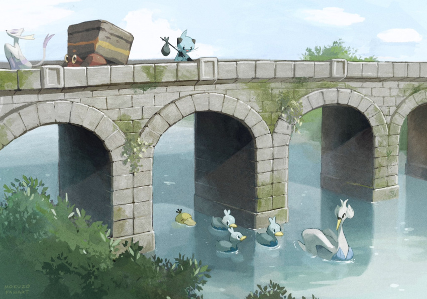 afloat artist_name bag bindle black_eyes blue_sky bridge bright_pupils closed_eyes cloud commentary crustle day dewott ducklett highres looking_at_another looking_down mienshao mokuzou_(moku_ssbu) moss no_humans outdoors pokemon pokemon_(creature) psyduck river scenery sky swanna symbol-only_commentary tree v-shaped_eyebrows water watermark white_pupils