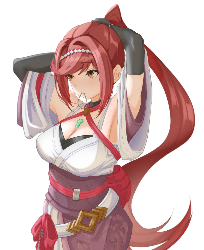 1girl absurdres armpits arms_up bare_shoulders black_gloves bow breasts brown_eyes chest_jewel cleavage commentary core_crystal_(xenoblade) cowboy_shot elbow_gloves eyelashes glimmer_(xenoblade) gloves hair_intakes hairband high_ponytail highres ibouki japanese_clothes kimono large_breasts long_hair looking_to_the_side mouth_hold multicolored_hairband obi obijime purple_kimono red_bow red_hair red_hairband sash shadow sidelocks simple_background solo swept_bangs two-tone_kimono tying_hair very_long_hair white_background white_hairband white_kimono wide_sleeves xenoblade_chronicles_(series) xenoblade_chronicles_3 xenoblade_chronicles_3:_future_redeemed