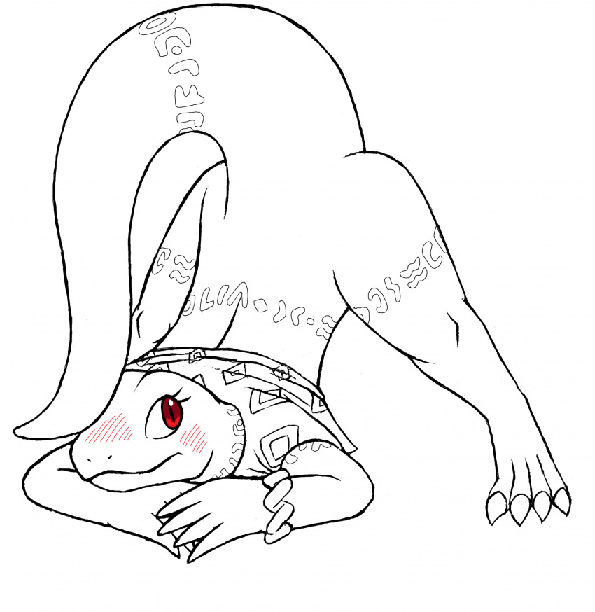 2023 4_toes 5_fingers anthro arm_tattoo back_tattoo bangle big_tail biped blush cape cape_only capelet claws clothing crusch_lulu digitigrade eyelashes feet female fingers front_view hi_res humanoid_hands jack-o'_pose jewelry leg_tattoo line_art lizard lizardanon lizardman_(overlord) long_tail looking_aside looking_back looking_up microsoft_paint mostly_nude neck_tattoo orange_tattoo overlord_(series) pattern_cape pose pupils raised_tail red_eyes reptile scalie simple_background slit_pupils snout solo spot_color tail tail_tattoo tapering_tail tattoo thick_tail thick_thighs thigh_tattoo toe_claws toes tribal tribal_tattoo white_background wide_hips