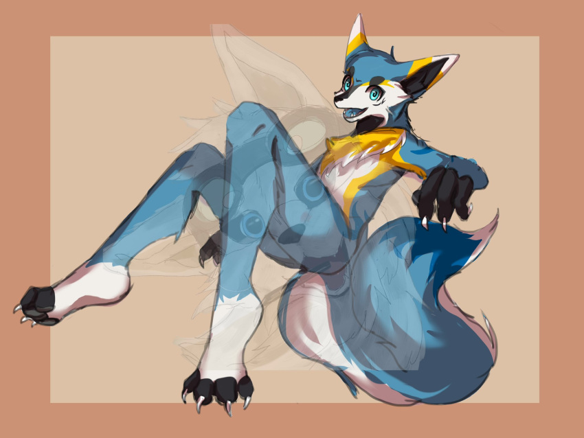 2020 anthro barefoot black_fingers black_inner_ear black_toes blue_body blue_eyes blue_fur blue_tail canid canine cheek_tuft cloudyiki digital_media_(artwork) distracting_watermark facial_tuft feet full-length_portrait fur hi_res kemono leg_markings male mammal markings open_mouth open_smile orange_background portrait simple_background smile socks_(marking) solo tail tuft watermark white_body white_ears white_face white_fur white_tail yellow_body yellow_ears yellow_fur