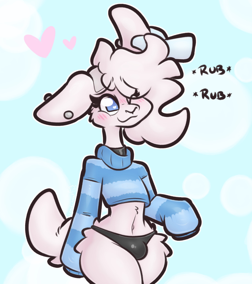 &lt;3 absurd_res anthro blush bulge camelid choker clothing crop_top ear_piercing ear_play ear_rub girly hi_res jewelry leo_(leo_llama) leo_llama llama looking_up makeup male mammal necklace onomatopoeia panties piercing shirt simple_background solo sound_effects sweater text topwear underwear