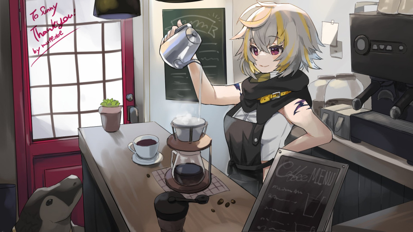 1girl animal apron arm_up artist_name bandaged_neck bandages bare_arms belt belt_buckle black_apron black_scarf blonde_hair blush_stickers buckle cafe closed_mouth coffee coffee_beans coffee_cup coffee_grinder coffee_maker_(object) coffee_pot commission counter crop_top cross-laced_clothes cross-laced_top crossed_bangs cup disposable_cup door drink grey_hair hair_between_eyes highres holding holding_coffee_pot indie_virtual_youtuber indoors komodo_dragon looking_ahead looking_at_object menu_board muff_(omochilab) multicolored_hair plant potted_plant pouring purple_eyes scar scar_on_arm scar_on_shoulders scarf short_hair signature skeb_commission smile solo space_print standing starry_sky_print steam strapless streaked_hair sunny_splosion taped_note thank_you tube_top two-tone_hair virtual_youtuber water white_tube_top yellow_belt