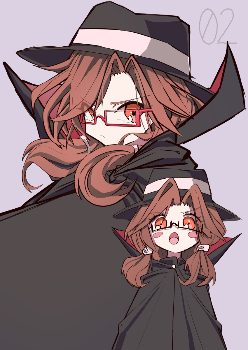 1girl absurdres black_cape black_headwear blush blush_stickers brown_hair buttons cape collared_cape glasses grey_background hat highres looking_at_viewer low_ponytail low_twintails medium_hair mizoreshi numbered open_mouth orange_eyes ponytail red-framed_eyewear semi-rimless_eyewear simple_background tongue touhou twintails usami_sumireko