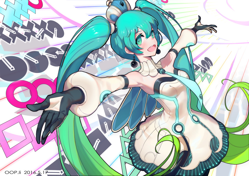 1girl absurdres aqua_hair armpits artist_name black_gloves collar commentary_request dated detached_sleeves dress duplicate earrings gloves gradient_hair green_eyes green_hair hatsune_miku highres jewelry long_hair looking_at_viewer multicolored_hair necktie oop open_mouth outstretched_arms photoshop_(medium) pixel-perfect_duplicate project_diva_(series) project_diva_x solo spread_arms twintails very_long_hair vocaloid