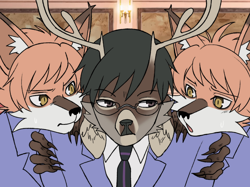 alternate_species anthro antlers bangs black_hair bodily_fluids brother_(lore) brown_body brown_eyes brown_fur canid canine cheek_tuft clawed_fingers clothed clothing deer dew-creek dress_shirt eyewear facial_markings facial_tuft fox fur furrification glasses group hair head_markings hikaru_hitachiin horn inner_ear_fluff kaoru_hitachiin kemono kyoya_ootori male mammal markings necktie orange_body orange_fur orange_hair ouran_high_school_host_club prick_ears pupils school_uniform shirt sibling_(lore) slit_pupils snout suit sweat topwear trio tuft twins_(lore) uniform yellow_eyes