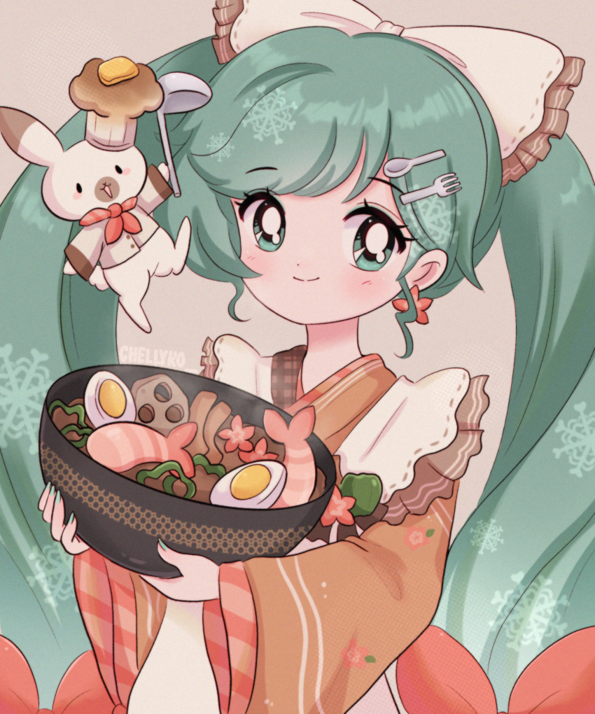 1990s_(style) 1girl absurdres animal apron artist_name blue_eyes blue_hair blush bow bowl chef_hat chelly_(chellyko) commentary earrings egg_(food) english_commentary flower flower_earrings food food-themed_clothes fork_hair_ornament hair_bow hat hatsune_miku highres holding holding_bowl japanese_clothes jewelry kappougi kimono long_hair long_sleeves looking_to_the_side rabbit rabbit_yukine retro_artstyle shrimp smile snowflakes solo spoon_hair_ornament steam twintails upper_body vocaloid yuki_miku yuki_miku_(2024)