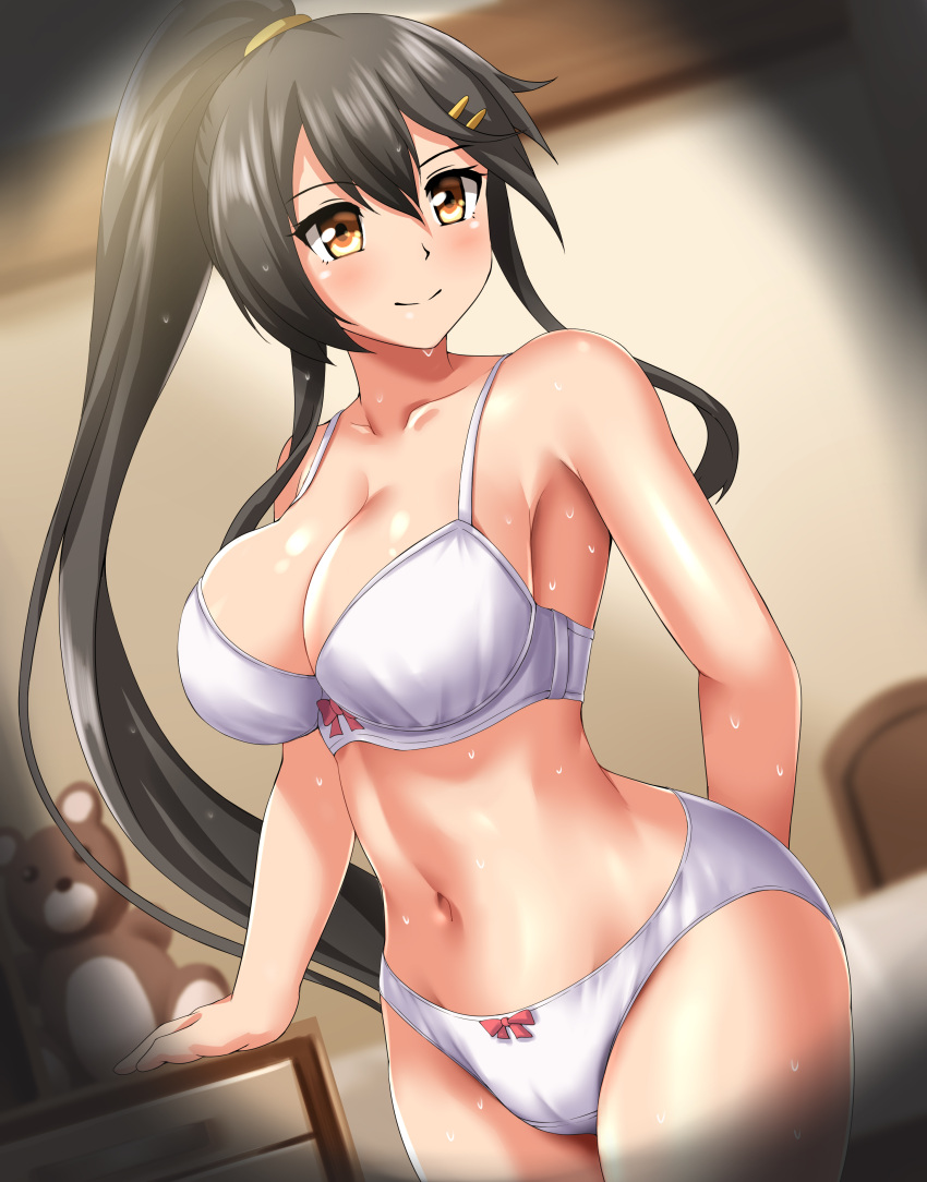 1girl absurdres bed black_hair bra breasts brown_eyes cleavage commission covered_navel cowboy_shot drawer dutch_angle hair_ornament hairclip haruna_(kancolle) highres kantai_collection large_breasts long_hair panties pixiv_commission smile solo standing stuffed_animal stuffed_toy teddy_bear underwear underwear_only wet white_bra white_panties zanntetu