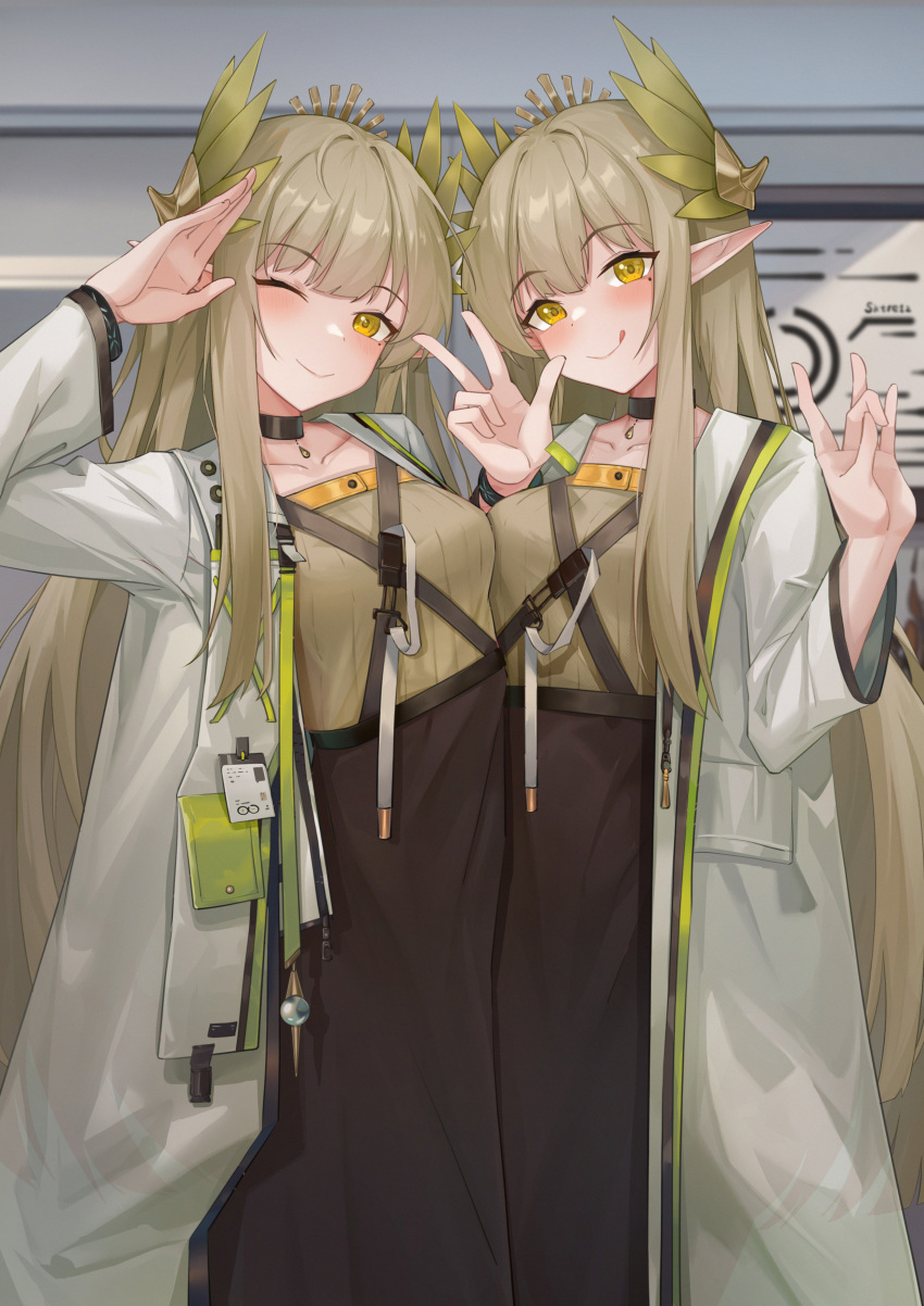 2girls ;) ;q absurdres arknights arm_up asymmetrical_docking black_skirt blunt_bangs blush bracelet breast_press breasts brown_hair brown_shirt clone closed_mouth collarbone elf feet_out_of_frame hands_up high-waist_skirt highres id_card indoors infection_monitor_(arknights) jewelry laurel_crown long_hair long_sleeves looking_at_viewer medium_breasts mole mole_under_eye muelsyse_(arknights) multiple_girls one_eye_closed open_clothes open_labcoat pointy_ears salute shirt skirt sktre12 smile standing tongue tongue_out v very_long_hair whiteboard yellow_eyes