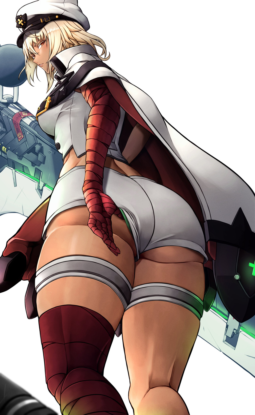 1girl absurdres ass bandages blonde_hair border butt_crack cape closed_mouth dark-skinned_female dark_skin fingerless_gloves floating floating_object from_behind gloves guilty_gear guilty_gear_strive hair_between_eyes hand_under_clothes hand_under_shorts hat highres huge_weapon leg_up long_hair looking_at_viewer looking_back lucifero_(guilty_gear) military_hat orange_eyes petting ramlethal_valentine short_shorts shorts simple_background solo souma_(so_u_maaaaa) sword tan thick_thighs thigh_strap thighs toned weapon white_background white_border white_cape white_gloves