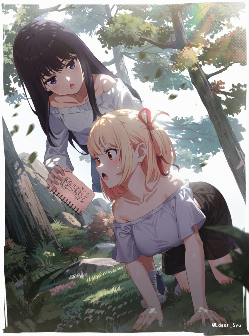 2girls absurdres all_fours bare_shoulders black_skirt blonde_hair blue_footwear blush book breasts collarbone dutch_angle edgar_syu highres holding holding_book inoue_takina long_hair long_sleeves looking_at_object lycoris_recoil medium_breasts multiple_girls nishikigi_chisato open_mouth outdoors purple_eyes red_eyes red_ribbon ribbon shirt shoes short_hair short_sleeves sidelocks skirt sweat twitter_username white_shirt