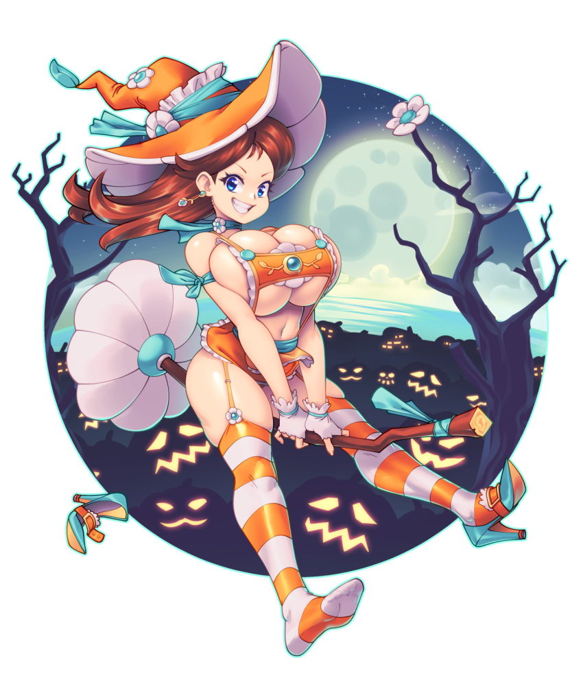 1girl adapted_costume alternate_costume aqua_footwear aqua_ribbon blue_eyes breasts broom brown_hair commentary_request earrings english_commentary eyelashes feet forehead garter_straps halloween hat hat_ribbon high_heels highres huge_breasts jack-o'-lantern jewelry legs long_hair mario_(series) mixed-language_commentary moon navel night night_sky no_shoes orange_headwear orange_thighhighs outdoors parted_bangs princess_daisy revealing_clothes ribbon shiny_skin shoes sideboob single_shoe skindentation sky soles solo star_(sky) starry_sky striped striped_thighhighs supersatanson teeth thighhighs thighs toes tree underboob unworn_shoes white_thighhighs witch witch_hat