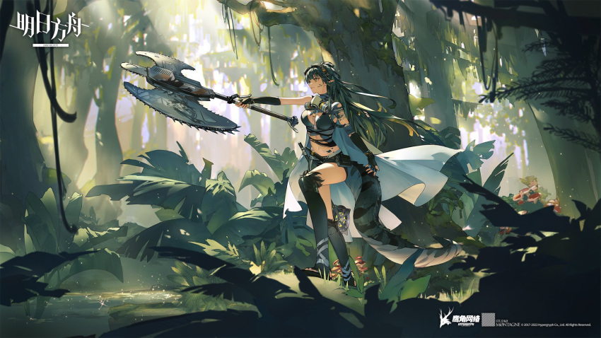 1girl arknights axe belt black_gloves breasts company_name copyright_name crocodilian_tail fingerless_gloves gavial_(arknights) gavial_the_invincible_(arknights) gloves goggles goggles_on_head green_hair green_shorts highres holding holding_axe jungle libuqilai long_hair medium_breasts mushroom nature navel oripathy_lesion_(arknights) outdoors outstretched_arm over-kneehighs plant pointy_ears pouch respirator sandals shirt shorts sleeveless sleeveless_shirt solo tail thighhighs torn_clothes torn_shirt tree wading