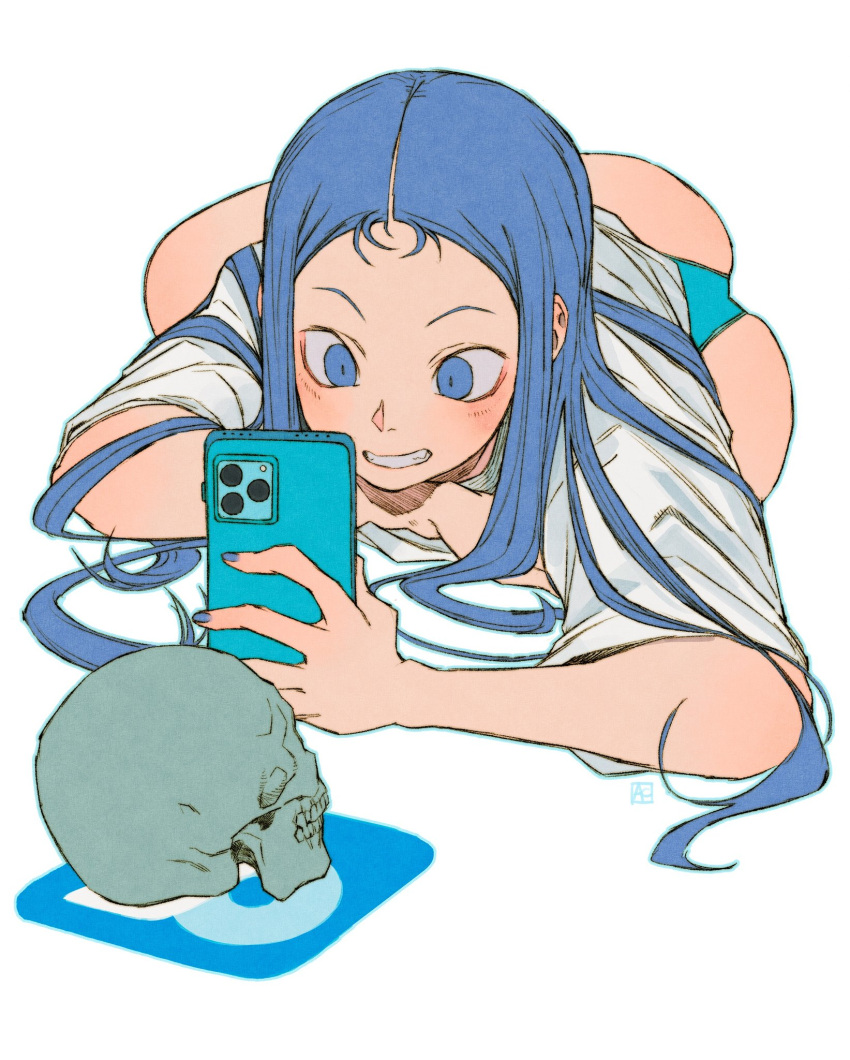 1girl andrewcockroach blue_eyes blue_hair blue_nails blue_panties blue_theme blush commentary english_commentary fingernails grin highres holding holding_phone long_sleeves lying nail_polish no_pants on_stomach onlyfans onlyfans_logo original panties phone shirt short_sleeves simple_background skull smile solo twisted_torso underwear white_background white_shirt