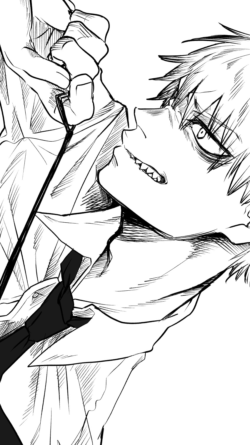 1boy absurdres chainsaw_man collared_shirt denji_(chainsaw_man) greyscale haru_rice highres looking_to_the_side monochrome necktie parted_lips pull_cord sharp_teeth shirt short_hair sideways simple_background smile solo teeth white_background