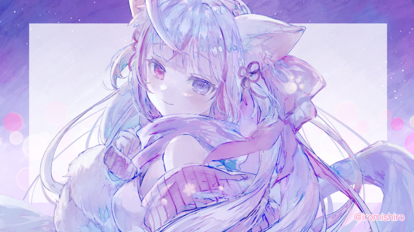 1girl ahoge animal_ear_fluff animal_ears artist_name bare_shoulders blunt_bangs blush border breasts closed_mouth copyright_request grey_hair hetero long_hair long_sleeves looking_at_viewer medium_breasts mishiro_(iromishiro) multicolored_hair outside_border puffy_long_sleeves puffy_sleeves purple_border purple_eyes purple_hair purple_scarf red_eyes scarf simple_background sleeves_past_wrists smile solo streaked_hair twitter_username two-tone_hair upper_body very_long_hair white_background