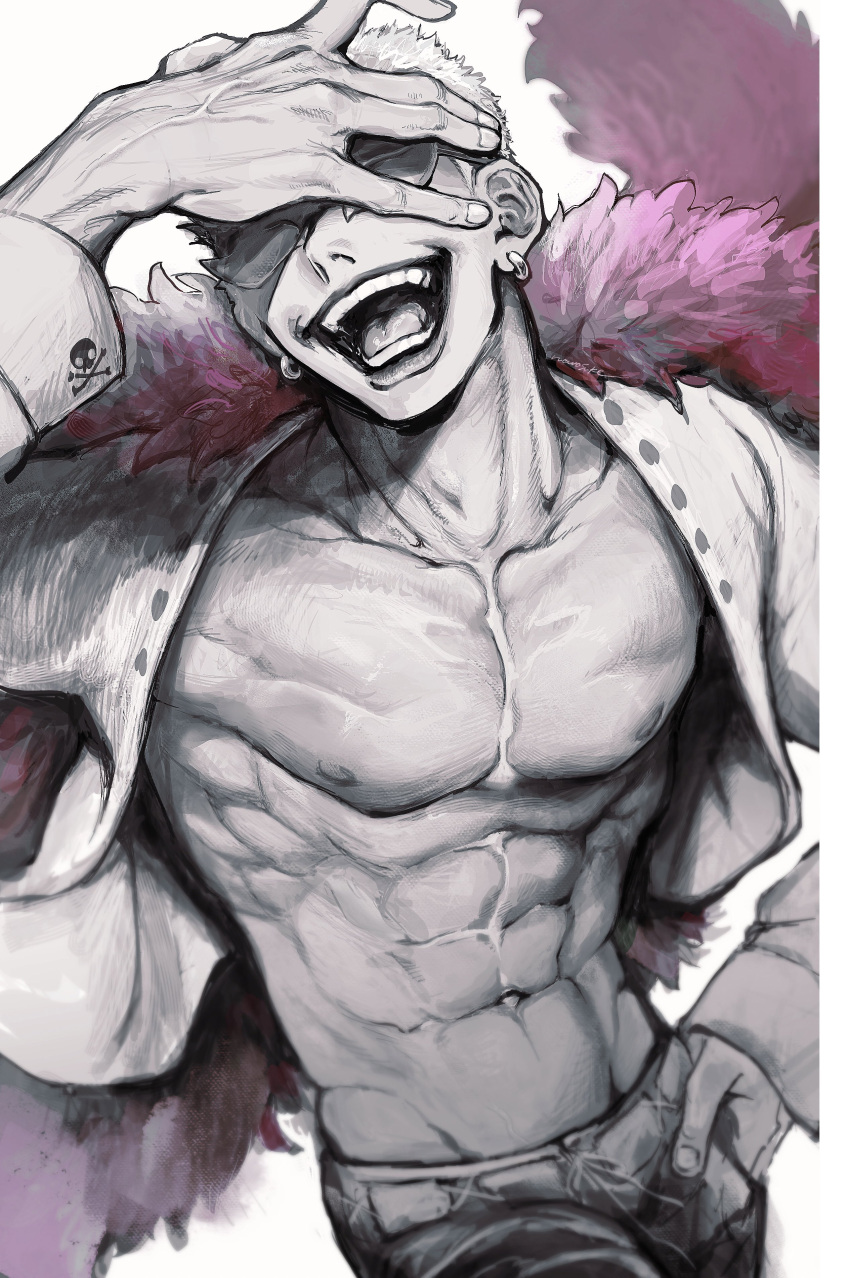 1boy abs absurdres coat covering_own_eyes cowboy_shot donquixote_doflamingo earrings feather_coat hand_on_own_forehead hand_on_own_hip highres jewelry laughing male_focus muscular muscular_male nowosuke one_piece open_clothes open_mouth pectorals pink_coat shirt simple_background sunglasses teeth tongue white_background white_shirt