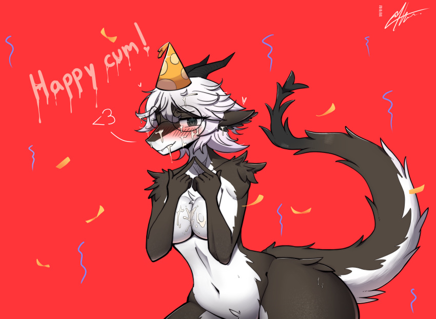 &lt;3 aitherheart anthro birthday birthday_hat blush bodily_fluids breasts cum cum_from_mouth cum_in_mouth cum_inside cum_on_breasts cum_on_face cum_on_glasses dragon eyewear female fur furred_dragon genital_fluids glasses hair hi_res horn multicolored_body simple_background solo white_hair