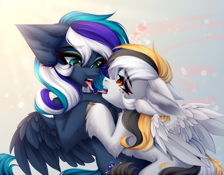 &lt;3 absurd_res big_ears black_hair black_mane black_tail blonde_hair blonde_mane blue_body blue_feathers blue_fur blue_hair blue_mane bodily_fluids chest_tuft cutie_mark digital_media_(artwork) duo equid equine eyebrow_through_hair eyebrows eyelashes eyeshadow fan_character feathered_wings feathers female female/female feral flaming_dune freckles fur green_eyes green_eyeshadow hair hasbro hi_res hooves inner_ear_fluff leg_tuft makeup mammal mane multicolored_hair multicolored_tail my_little_pony orange_eyes pegasus saliva saliva_string shinoshai storm_cloud_river's_(oc) tail teeth tongue tongue_out translucent translucent_hair tuft white_body white_feathers white_fur white_hair white_mane white_tail wings