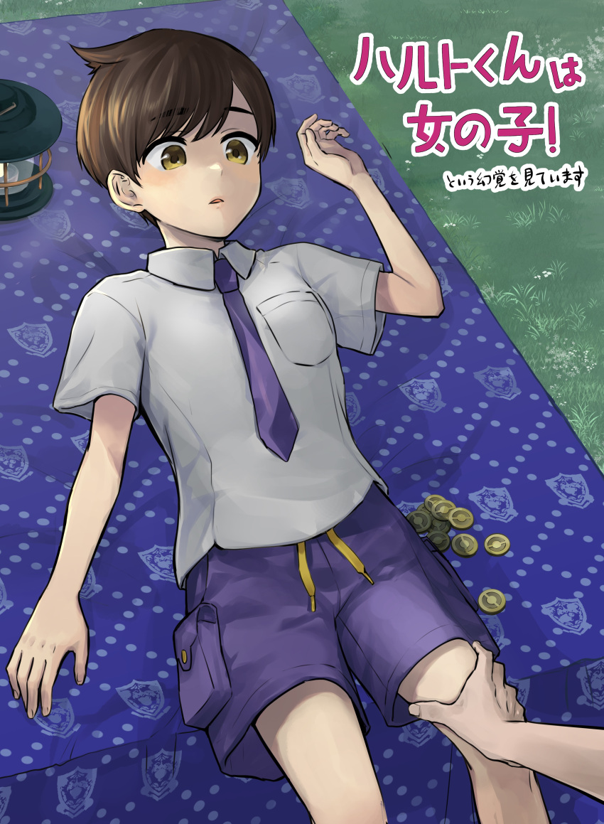 1girl 1other absurdres breast_pocket brown_eyes brown_hair coin collared_shirt commentary_request florian_(pokemon) genderswap genderswap_(mtf) grass grey_shirt hand_up highres leg_grab logo looking_down lying necktie on_back on_table outdoors pocket pokemon pokemon_(game) pokemon_sv purple_necktie purple_shorts shirt short_hair short_sleeves shorts table tablecloth translation_request wasabi_(unohiko)