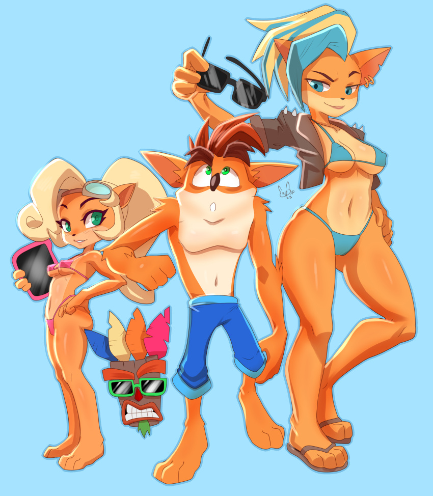 absurd_res activision aku_aku anthro bikini clothing coco_bandicoot crash_bandicoot crash_bandicoot_(series) eyewear female group hi_res jacket jaynator1 jaynatorburudragon male summer sunglasses swimwear tawna_bandicoot thick_thighs topwear