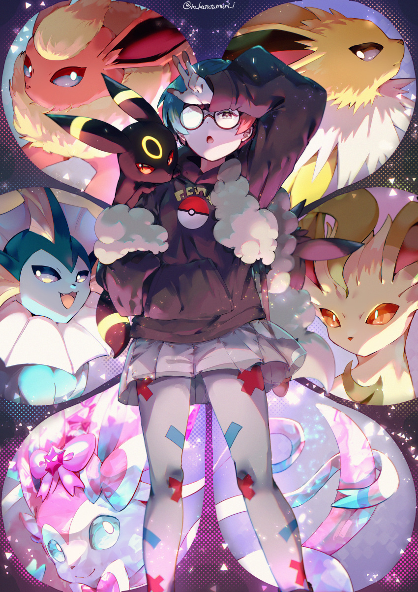 1girl :o absurdres commentary_request flareon glasses green_hair grey_eyes grey_pantyhose hand_in_pocket highres hood hoodie jolteon katatsumuri_72 leafeon long_sleeves looking_at_viewer multicolored_hair open_mouth pantyhose penny_(pokemon) poke_ball_print pokemon pokemon_(creature) pokemon_(game) pokemon_sv red_hair round_eyewear see-through see-through_skirt short_hair shorts skirt sylveon two-tone_hair umbreon vaporeon