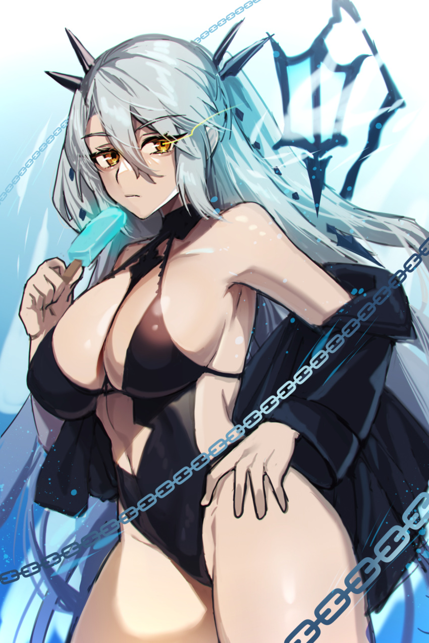 arbiter_the_hermit_ix_(azur_lane) azur_lane bare_shoulders bikini black_bikini black_horns black_jacket breasts chain cleavage closed_mouth commission cowboy_shot food grey_hair hand_on_own_hip highres holding holding_food holding_popsicle horns jacket large_breasts long_bangs long_hair looking_at_viewer maitei_roppa off_shoulder open_clothes open_jacket pixiv_commission popsicle siren_(azur_lane) swimsuit white_hair yellow_eyes