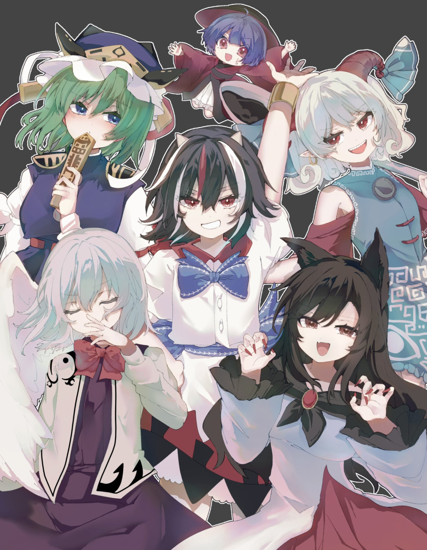 6+girls :d angel_wings animal_ears black_dress black_hair black_sash blue_dress blue_eyes blue_vest bow bowl bowl_hat bowtie bracelet breasts brooch brown_hair buttons claw_pose closed_mouth cone_horns curly_hair detached_sleeves dress earrings epaulettes feathered_wings frilled_hat frilled_sleeves frills gold green_hair grey_background grey_hair grey_horns grey_wings hat hayukkksab highres holding holding_spoon horn_ornament horn_ribbon horns imaizumi_kagerou jacket japanese_clothes jewelry kijin_seija kimono kishin_sagume long_hair long_sleeves meandros multicolored_clothes multicolored_dress multicolored_hair multiple_girls open_mouth oversized_object patterned_clothing petroleum pointy_ears purple_eyes purple_hair purple_kimono purple_shirt purple_skirt red_bow red_bowtie red_dress red_eyes red_horns red_sleeves ribbon rod_of_remorse sash sharp_teeth sheep_horns shiki_eiki shirt short_hair simple_background single_wing skirt sleeve_bow small_breasts small_horns smile spoon streaked_hair suit_jacket sukuna_shinmyoumaru teeth touhou toutetsu_yuuma vest white_bow white_dress white_hair white_shirt white_wings wide_sleeves wings wolf_ears wolf_girl