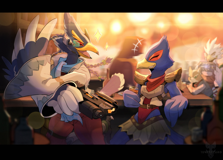 anthro avian beak beverage biped blue_body blue_feathers blurred_background breath_of_the_wild canid canine clothed clothing crossover detailed_background duo_focus eyes_closed falco_lombardi feathers fox fox_mccloud group hi_res holding_beverage holding_object holding_weapon letterbox male mammal nintendo open_mouth revali rito smile star_fox teba_(tloz) tenebscuro the_legend_of_zelda weapon white_body white_feathers winged_arms wings