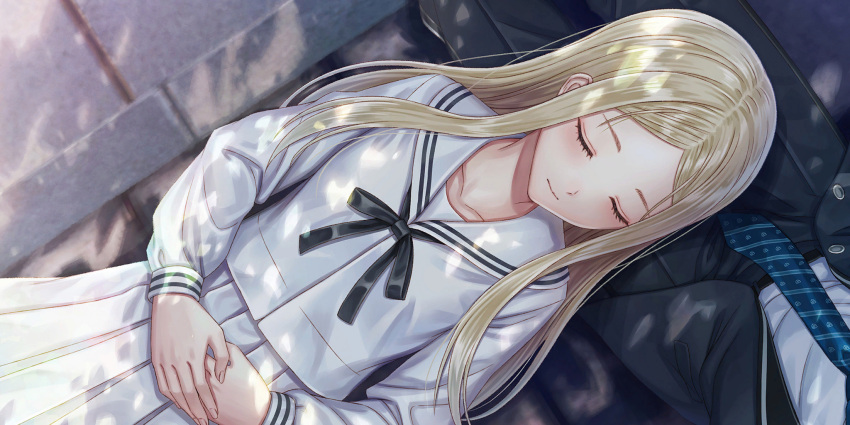 1boy 1girl black_ribbon blonde_hair blue_reflection blue_reflection_sun closed_eyes dappled_sunlight game_cg highres kishida_mel lap_pillow long_hair long_sleeves morisaki_alesia_yu neck_ribbon necktie non-web_source outdoors own_hands_together parted_bangs pleated_skirt ribbon school_uniform serafuku skirt sleeping solo_focus suit sunlight white_serafuku white_skirt