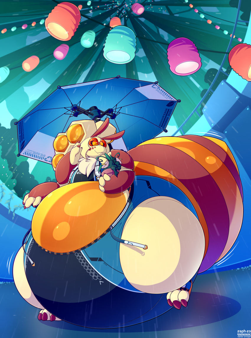 amber_(zaphod) antennae_(anatomy) anthro arthropod arthropod_abdomen bee belly big_belly big_tail butt city city_background clothing eyewear female goggles hi_res huge_tail hymenopteran hyper hyper_belly hyper_hips hyper_tail insect lamp lantern monobutt multi_arm multi_limb paper_lantern paw_shoes raining solo swimwear tail umbrella zaphod