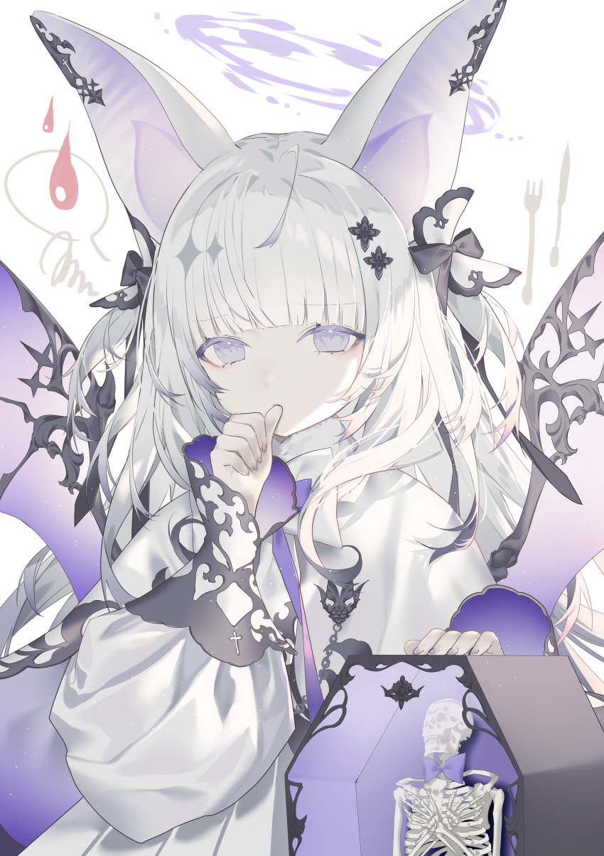 1girl absurdres animal_ears blood_drop blunt_bangs bow coffee hair_bow halo highres kotarou_(kot_mochi) long_sleeves original puffy_long_sleeves puffy_sleeves purple_bow skeleton solo squiggle thumb_sucking two_side_up upper_body white_hair