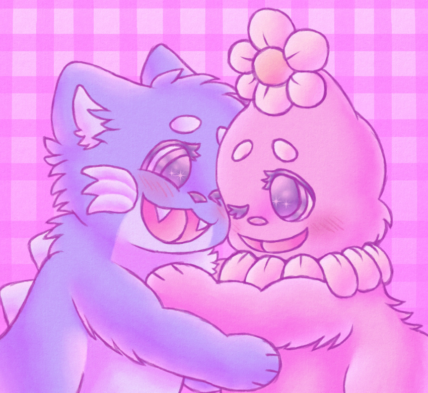 anthro blue_body blue_fur blush domestic_cat dragon duo earless elemental_creature embrace eyebrows fangs felid feline felis female flora_fauna flower flower_creature fluffycottoncandy15 foofa fur handpaw hi_res hug hybrid mammal open_mouth open_smile paws petals pink_body pink_fur pink_theme plant prick_ears smile sparkles sparkling_eyes teeth toodee yo_gabba_gabba