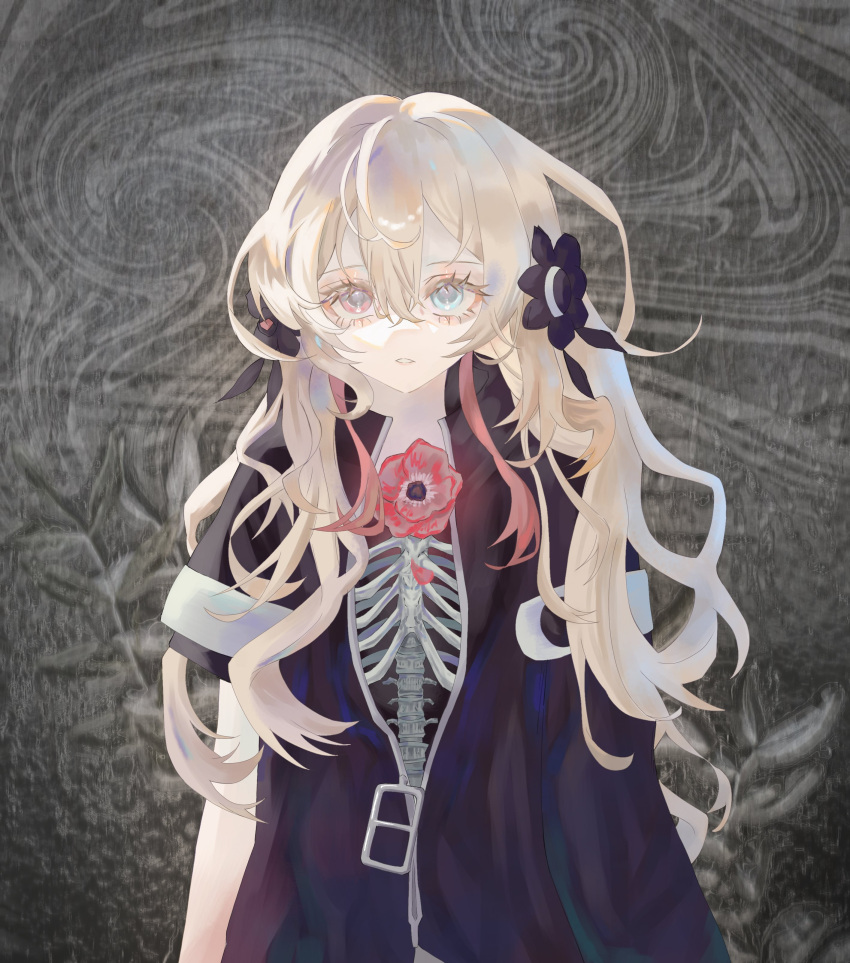 1girl abstract_background absurdres anemone_(flower) asymmetrical_sleeves black_coat black_flower blue_eyes coat expressionless flower grey_background hair_between_eyes hair_flower hair_ornament heterochromia highres isekai_joucho kamitsubaki_studio long_hair looking_at_viewer multicolored_hair open_clothes open_coat parted_lips red_eyes red_flower red_hair ribs skeleton solo spine two-tone_hair uhrlx uneven_sleeves upper_body virtual_youtuber white_hair