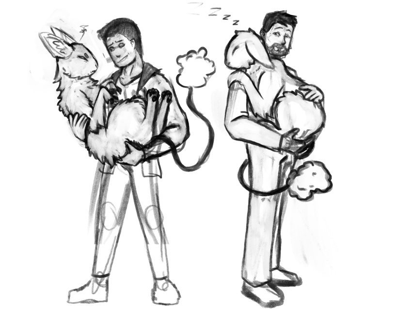 alien ambiguous_gender annoyed beard carried clothing demon_deity duo embrace facial_hair feral fluffy hi_res hug human lagomorph male mammal monochrome sivkit_(the_nature_of_predators) sketch sleeping tail the_nature_of_predators