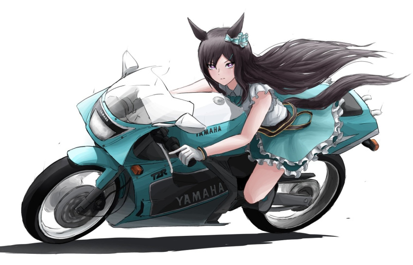 1girl animal_ears black_hair frilled_shirt frilled_skirt frills full_body gloves green_skirt horse_ears horse_girl long_hair looking_at_viewer mejiro_dober_(umamusume) motor_vehicle motorcycle purple_eyes shirt simple_background skirt sleeveless sleeveless_shirt solo umamusume white_background white_gloves yamaha yamaha_tzr250 yuuki_(abekobenanda)