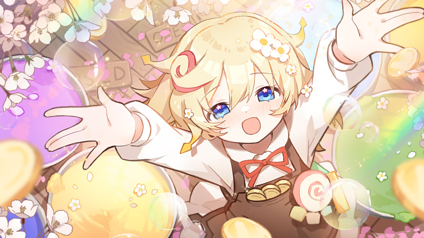 1girl apple_caramel apron arms_up blonde_hair blue_eyes brown_apron bubble coin collared_shirt commentary_request commission flower gold_coin hair_between_eyes hair_flower hair_ornament highres long_sleeves looking_at_viewer looking_up neck_ribbon original petals pixiv_commission puffy_long_sleeves puffy_sleeves red_ribbon ribbon shirt solo white_flower white_shirt