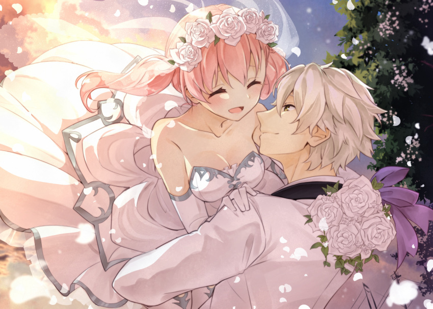1boy 1girl atelier_(series) atelier_escha_&amp;_logy bare_shoulders blush bouquet breasts bridal_veil bride cleavage closed_eyes collarbone couple dress elbow_gloves escha_malier flower gloves hair_flower hair_ornament hand_on_another's_shoulder hetero highres jacket karasumi_(aiseec) logix_ficsario long_hair long_sleeves looking_at_another medium_breasts open_mouth petals pink_hair rose short_hair sky smile strapless strapless_dress twintails veil wedding_dress white_dress white_flower white_gloves white_hair white_jacket white_rose