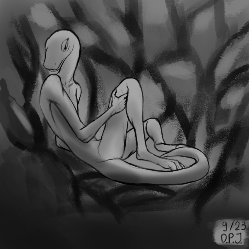 2023 absurd_res cobblestone digital_drawing_(artwork) digital_media_(artwork) dirtypaperjoe greyscale hi_res laying_on_ground monochrome nude reptile scalie sketch snake stone_floor stone_wall wall_(structure)