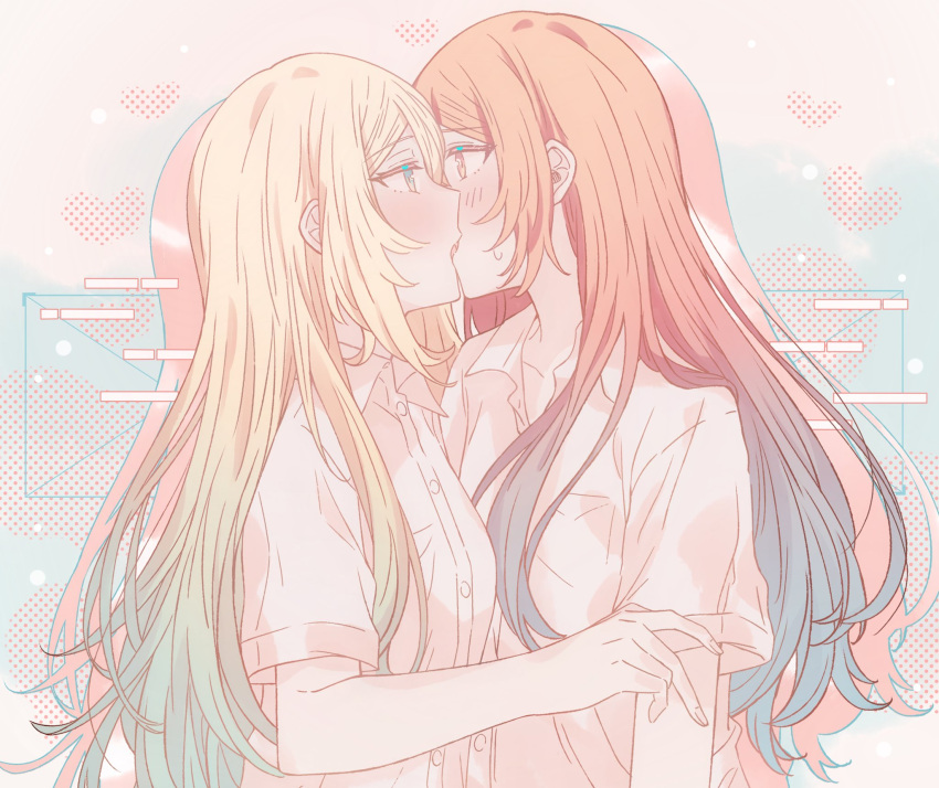 2girls blonde_hair blue_eyes blue_hair blush breasts collared_shirt commentary dress_shirt eye_contact french_kiss fuwa_aya gradient_hair halftone highres kiss kousaka_0v0 long_hair looking_at_another medium_breasts multicolored_hair multiple_girls onna_doushi_toka_arienai_desho_to_iiharu_onnanoko_wo_hyakunichikan_de_tetteiteki_ni_otosu_yuri_no_ohanashi red_eyes red_hair sakakibara_marika shirt short_sleeves sidelocks sweatdrop symbol-only_commentary upper_body white_shirt yuri