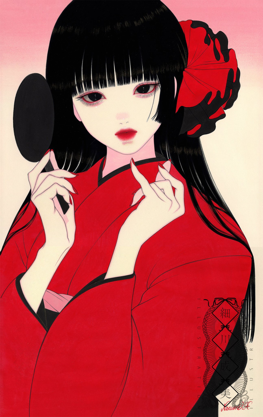 1girl artist_name black_eyes black_hair blunt_bangs commentary_request diamond_(shape) hair_ornament hair_over_shoulder hand_mirror highres holding holding_mirror japanese_clothes kimono limited_palette lipstick long_sleeves looking_at_viewer makeup mirror narumi_hosokawa obi pale_skin pink_background pink_sash red_kimono red_lips red_nails sash upper_body white_background wide_sleeves