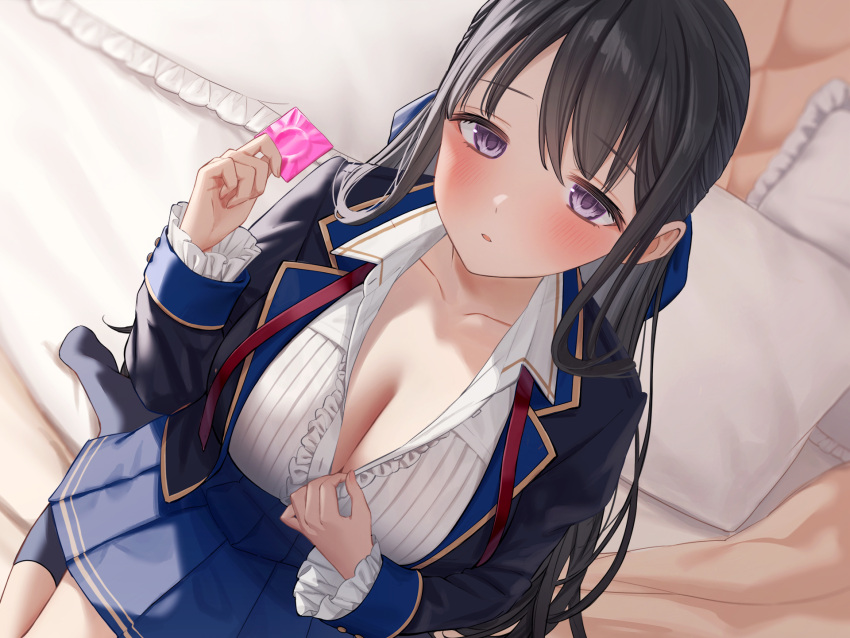1girl bed bed_sheet black_hair black_jacket black_socks blue_skirt blurry blurry_background blush breasts cleavage collarbone collared_shirt condom condom_wrapper hair_between_eyes highres holding jacket jfjf large_breasts long_hair long_sleeves looking_at_viewer non-web_source on_bed open_mouth original pleated_skirt purple_eyes school_uniform shirt sidelocks sitting skirt socks solo wariza white_shirt